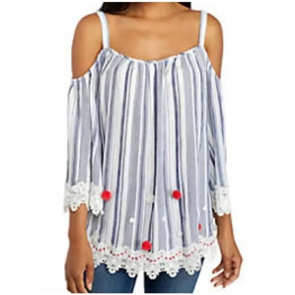 🍑Crown & Ivy Blue Stripe "Tropic Isle" Cold Shoulder Top 1X